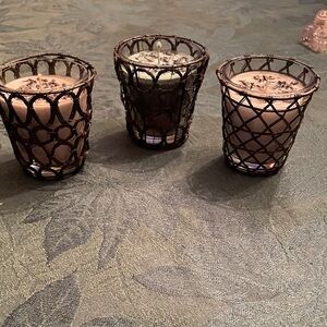 3 precious handcrafted lavender soy candles in vintage wire holders.